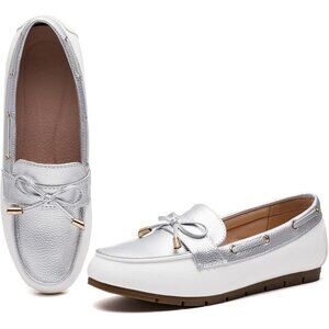 Women’s Silver White Polyurethane Comfortable Casual Slip On Loafer Flat Shoes